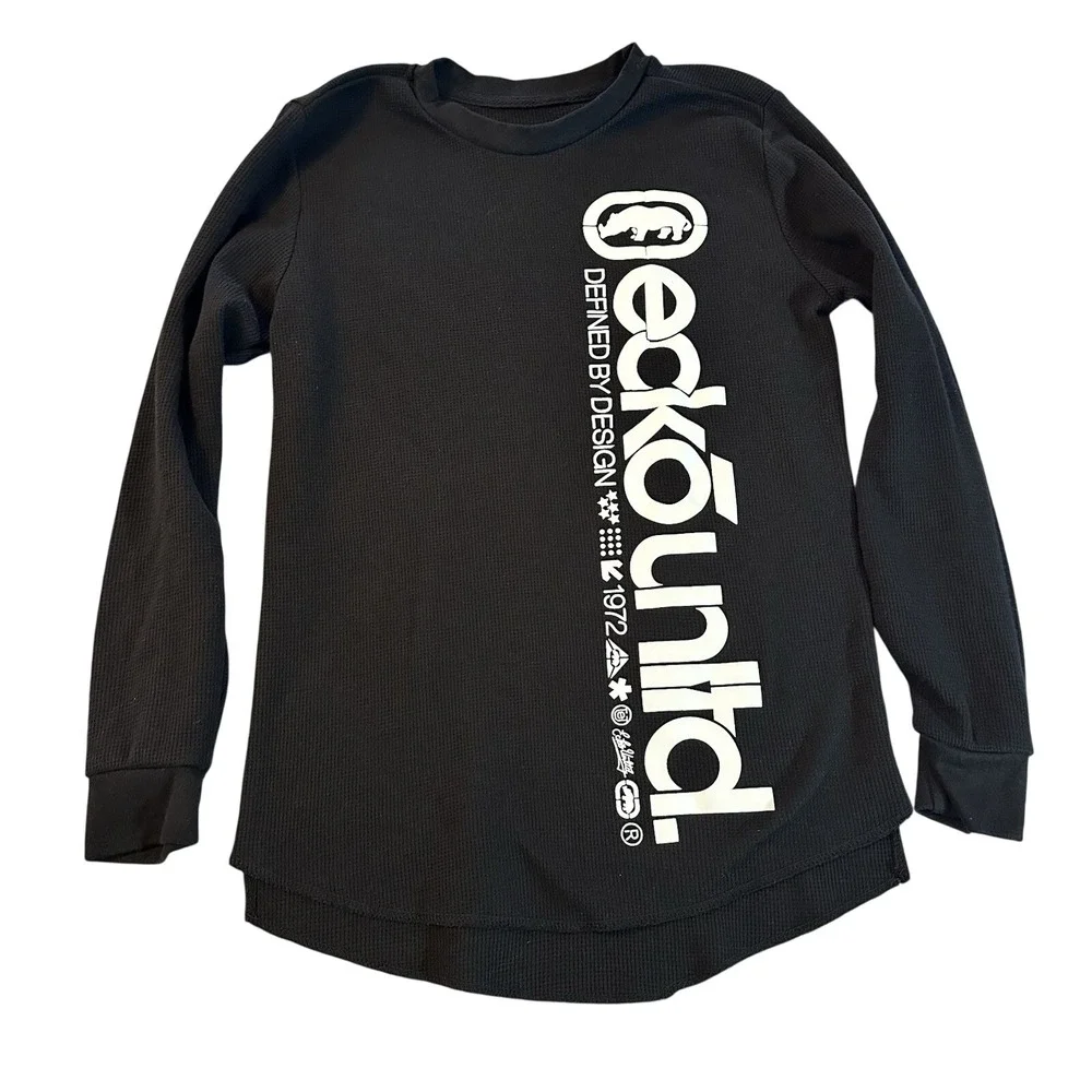 Ecko Unltd Mens Small Black Waffle Knit Long Sleeve‎ Logo Y2K Streetwear
